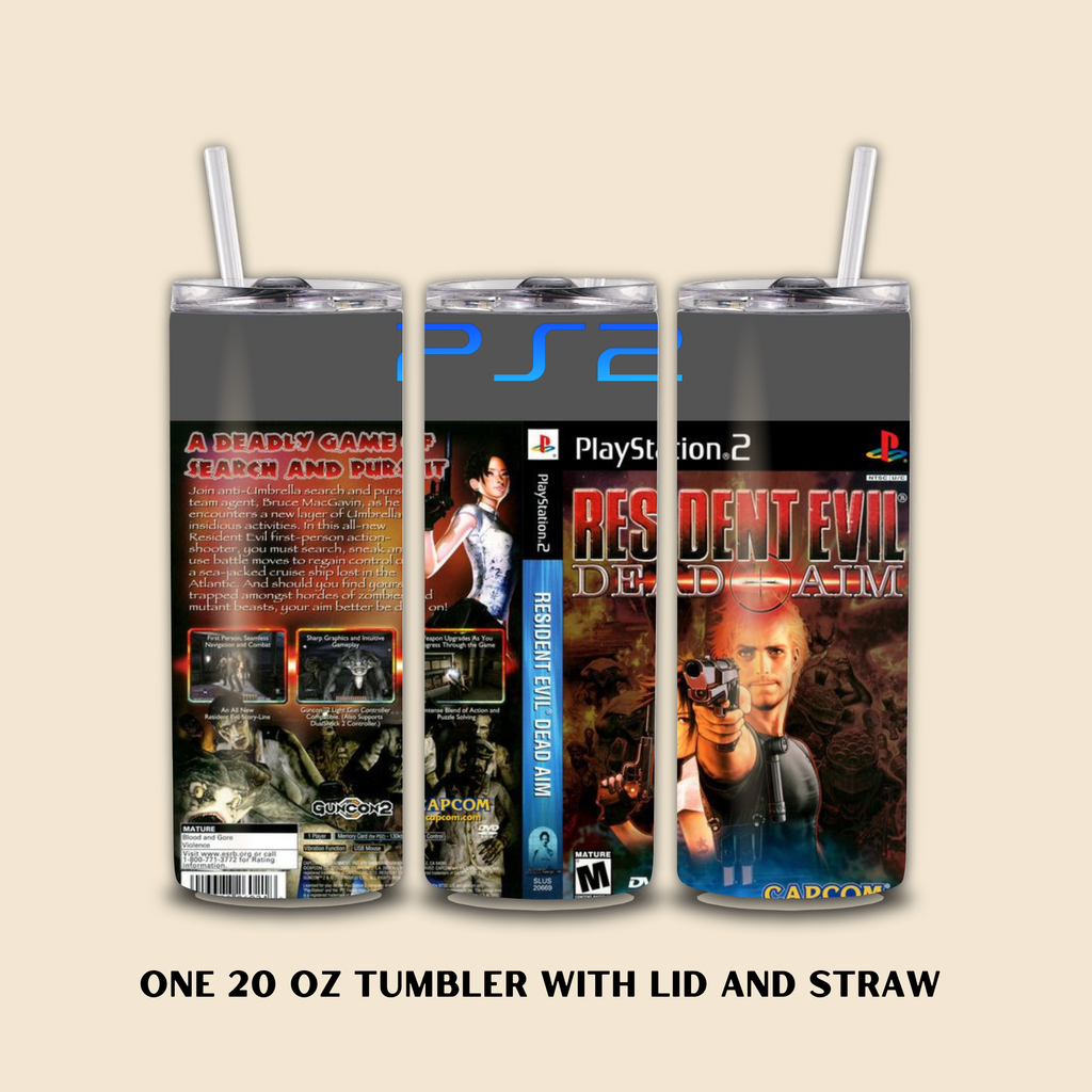 Three Resident Evil 20oz tumbler with a beige background 