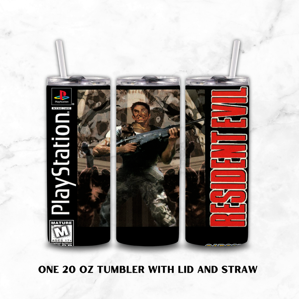 Three views of a 20 oz tumbler with lid and straw, featuring a Resident Evil PlayStation-themed wrap design on a white marble background.