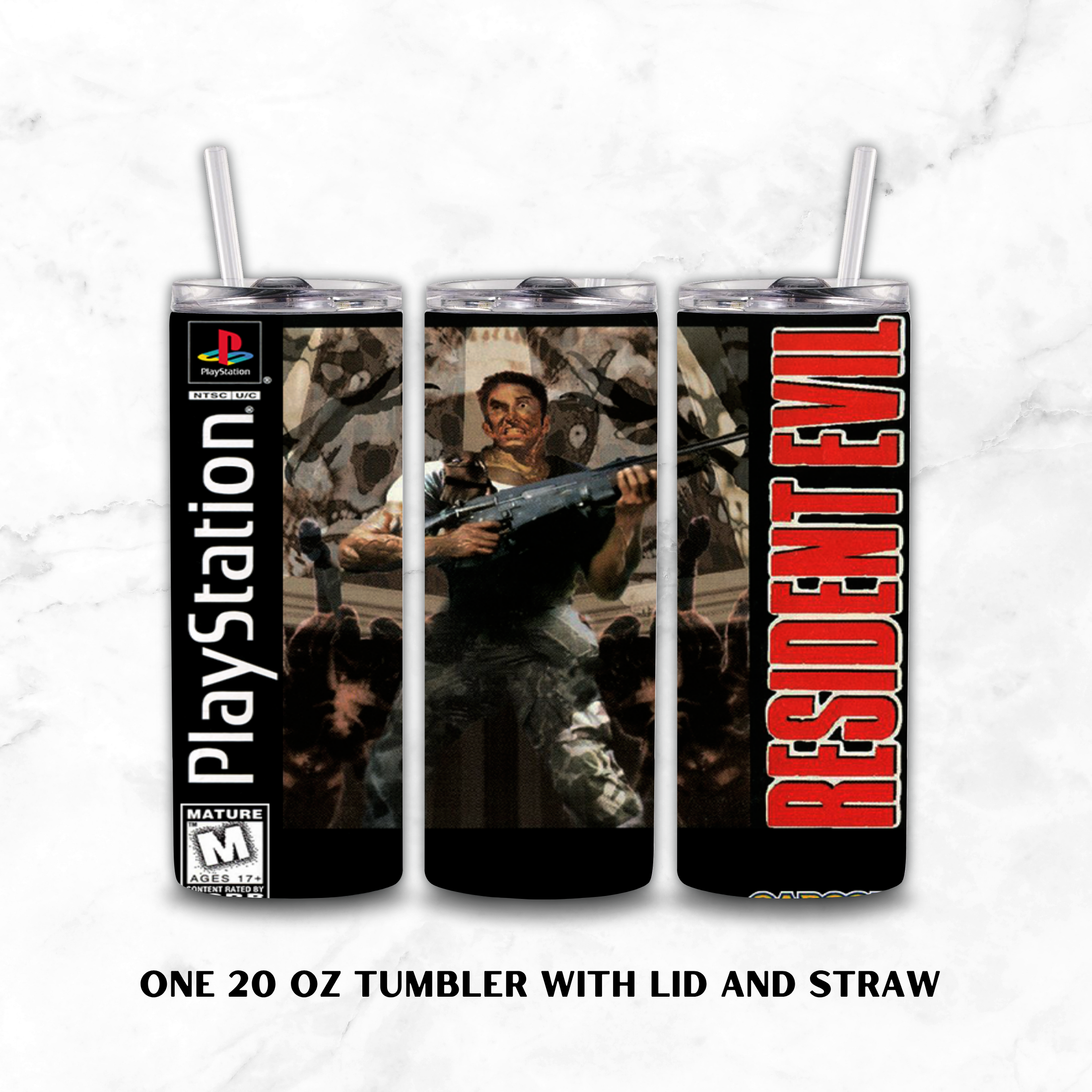 Three views of a 20 oz tumbler with lid and straw, featuring a Resident Evil PlayStation-themed wrap design on a white marble background.