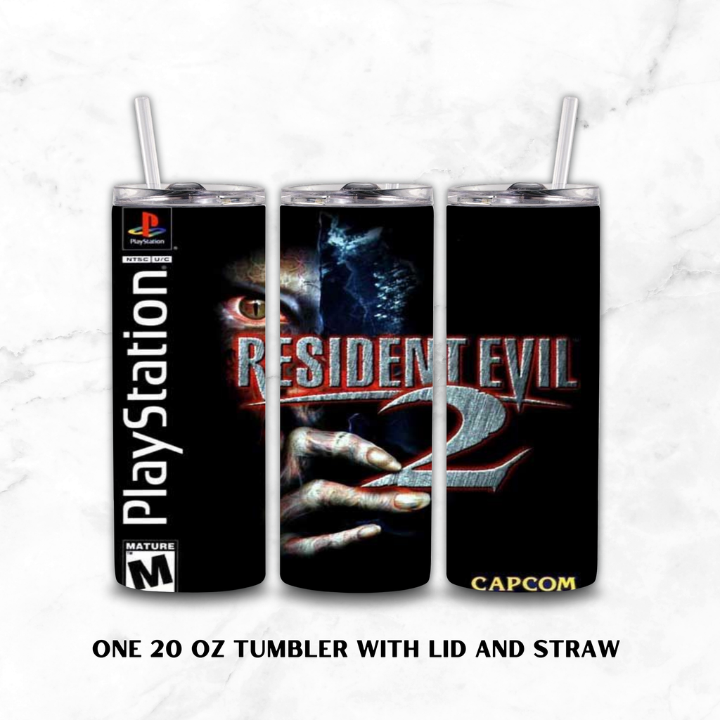 Three views of a 20 oz tumbler with lid and straw, featuring Resident Evil 2 artwork and PlayStation branding on a white marble background.