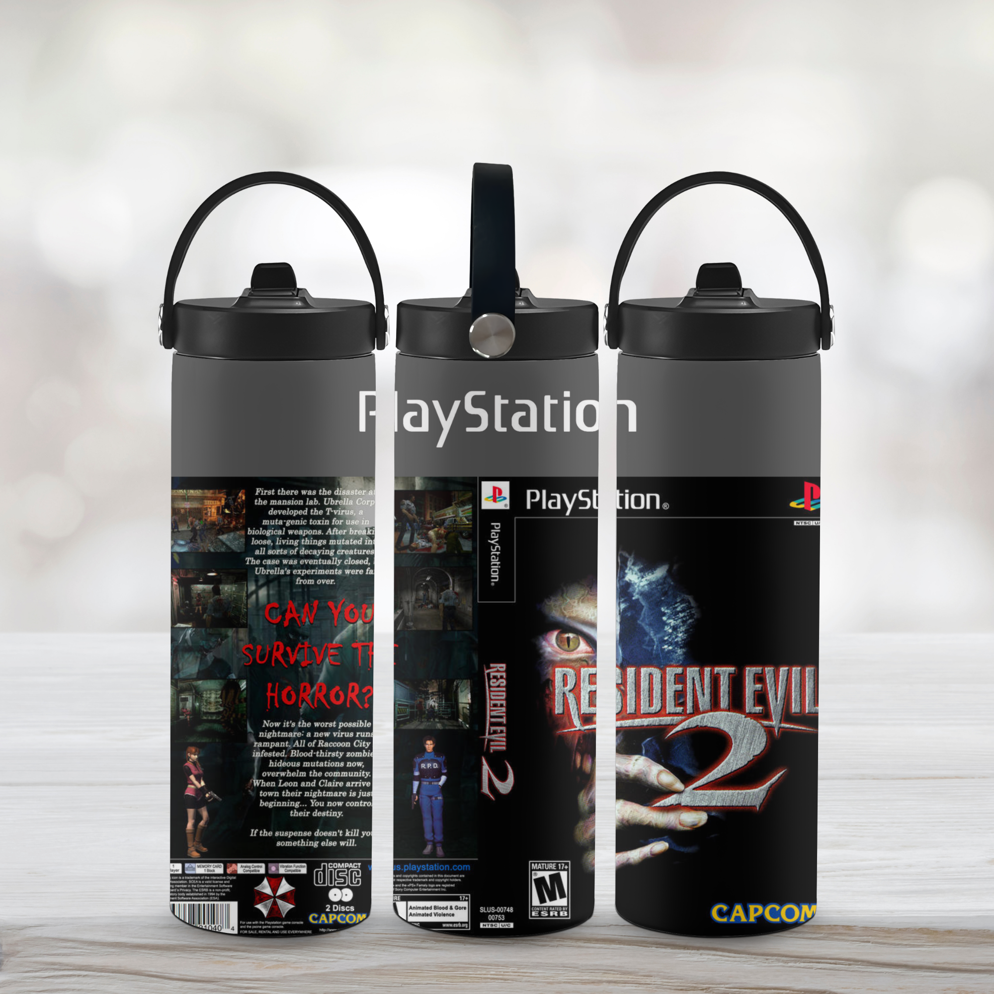 Three water bottles with 'PlayStation' and 'Resident Evil 2' designs on a light background.