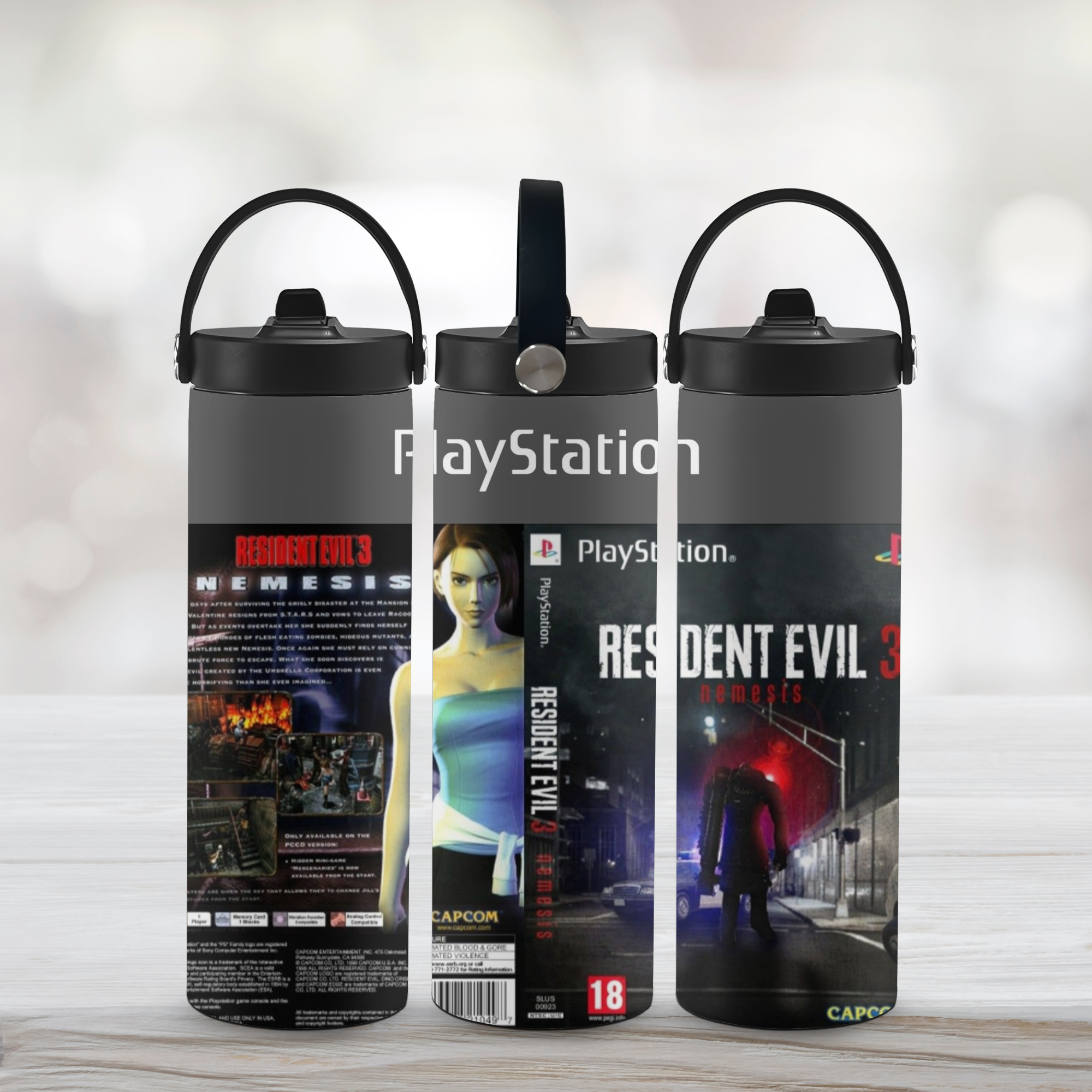 Three sports water bottles with 'Resident Evil 3' branding on a light background