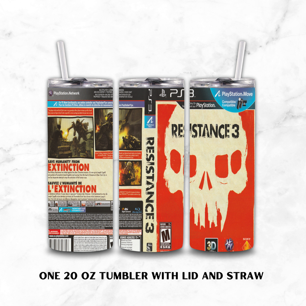 Three views of a 20 oz tumbler with lid and straw, featuring Resistance 3 PlayStation Network artwork on a white marble background. The left view shows the back of the tumbler with PlayStation Network branding and game artwork, the middle view shows the spine and front with PS3, and the right view shows a large red and white skull graphic with the Resistance 3 title.