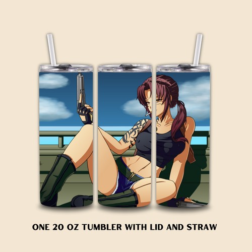Three 20oz tumbler with anime girl Revy from Black Lagoon on a beige background