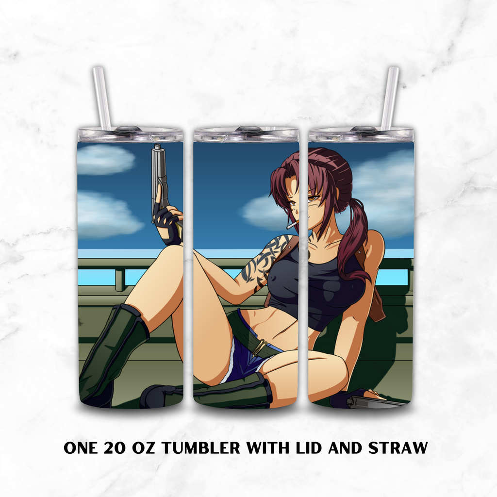 Three-view mockup of a 20 oz insulated tumbler with lid and straw, featuring an anime-style illustration of Revy holding a gun against a blue sky and railing background, shown on a light marble surface with text reading 'ONE 20 OZ TUMBLER WITH LID AND STRAW
