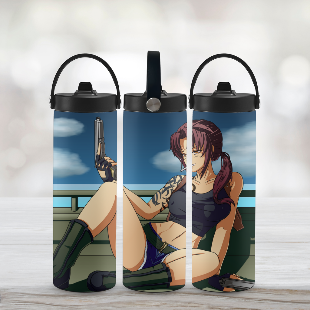 Three sports water bottle with anime girl Revy from Black Lagoon on a white background