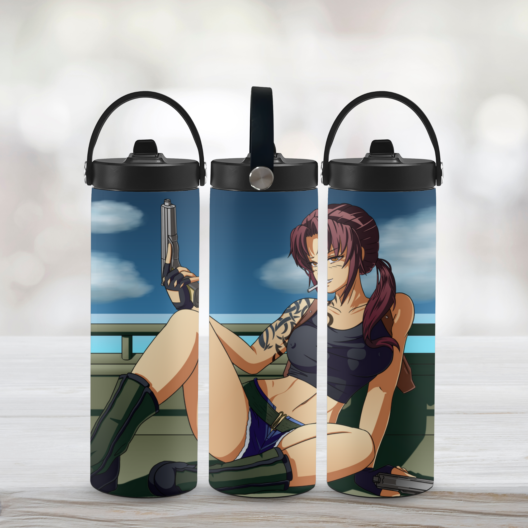 Three sports water bottle with anime girl Revy from Black Lagoon on a white background
