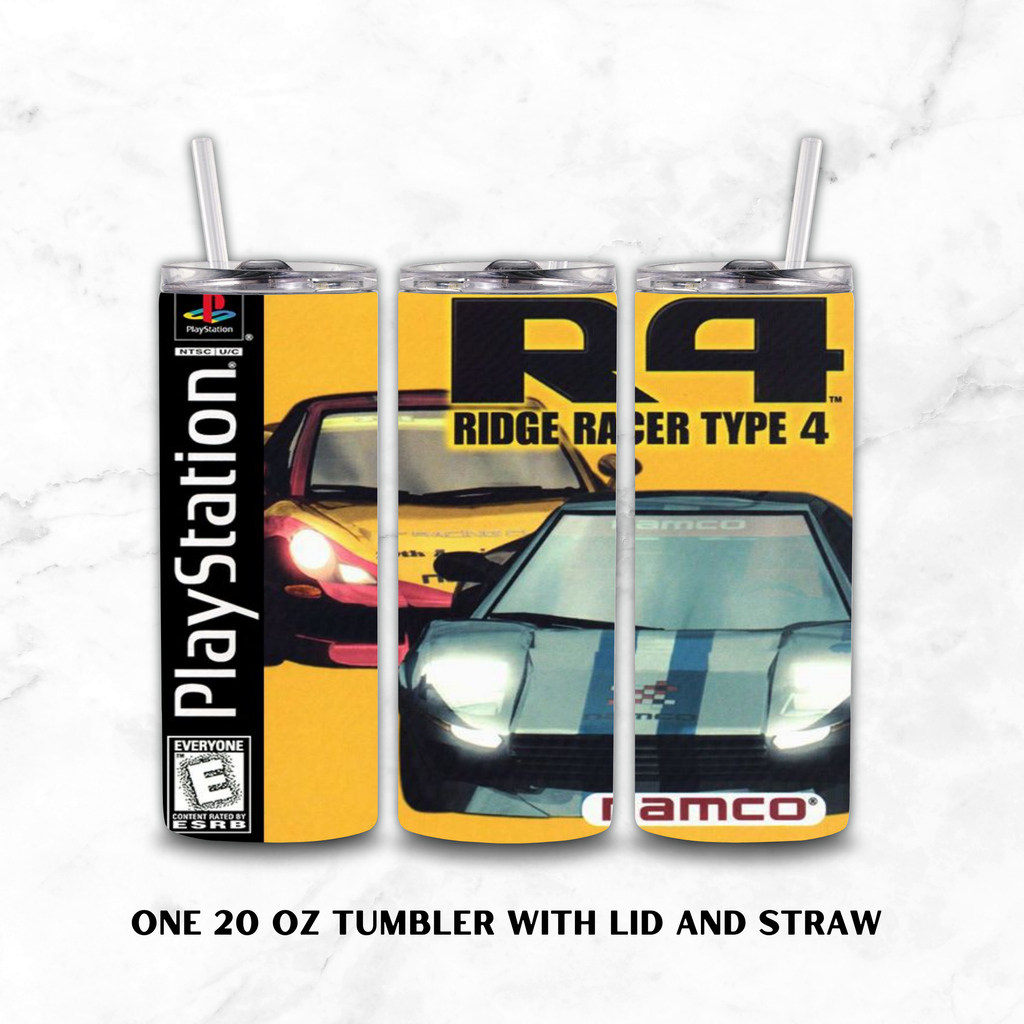Three views of a 20 oz tumbler with lid and straw, featuring a yellow and black 'R4 Ridge Racer Type 4' racing graphic with PlayStation branding, shown on a white marble background with text below.