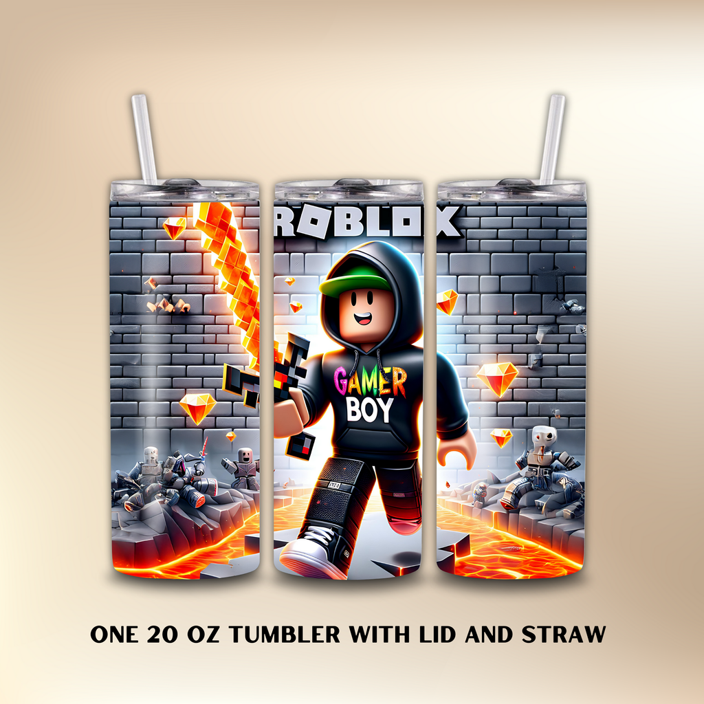 Roblox-themed tumbler with lid and straw on a beige background