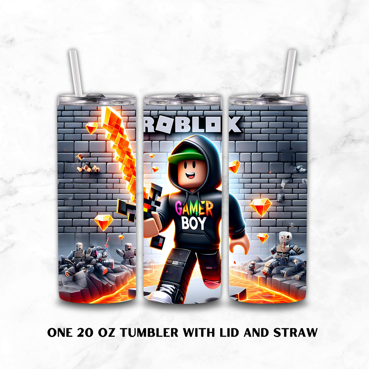 Three views of a 20 oz tumbler with lid and straw, featuring a Roblox-themed graphic design with a block character labeled 'GAMER BOY' in front of a brick wall and glowing diamonds.