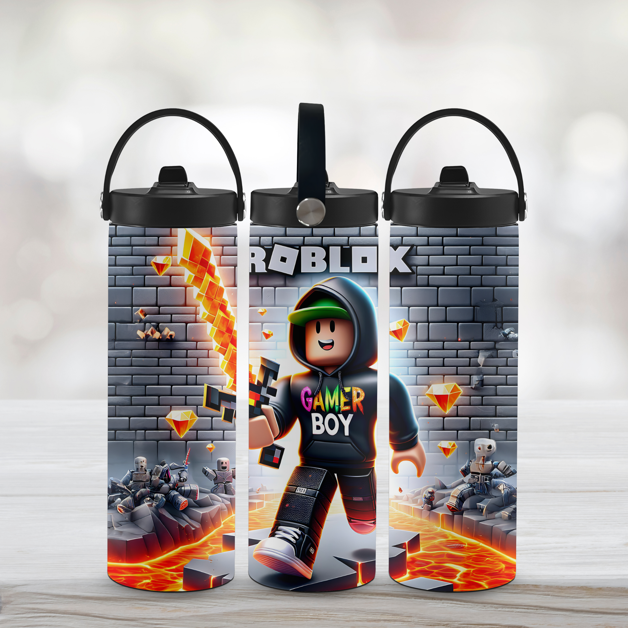 Three Roblox-themed water bottles with a character and game elements on a light background