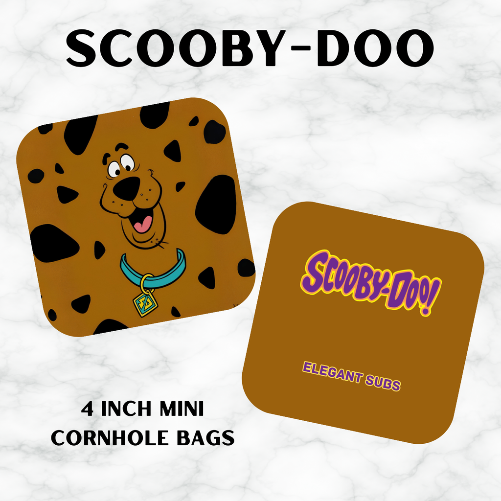 Two Scooby-Doo-themed cornhole bags on a white background with text indicating size and brand.