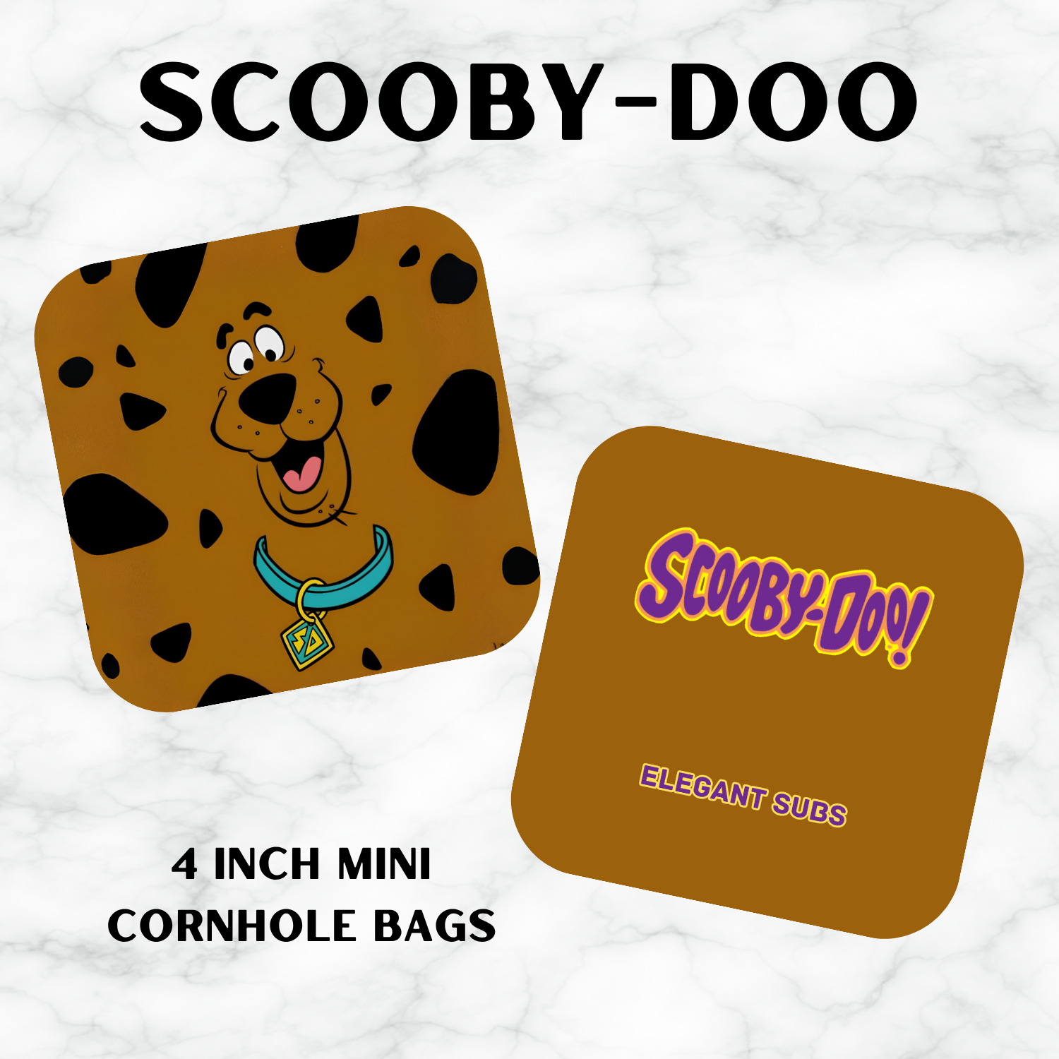 Two Scooby-Doo-themed cornhole bags on a white background with text indicating size and brand.