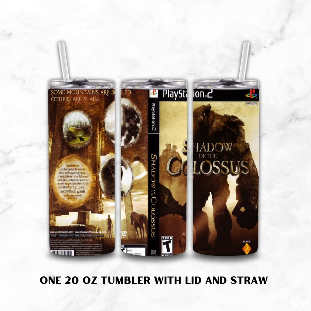 Three views of a 20 oz tumbler with lid and straw, featuring a custom wrap design from the video game Shadow of the Colossus on PlayStation 2. The tumbler is shown from the back, spine, and front cover, displayed on a white marble background with text reading 'ONE 20 OZ TUMBLER WITH LID AND STRAW'.