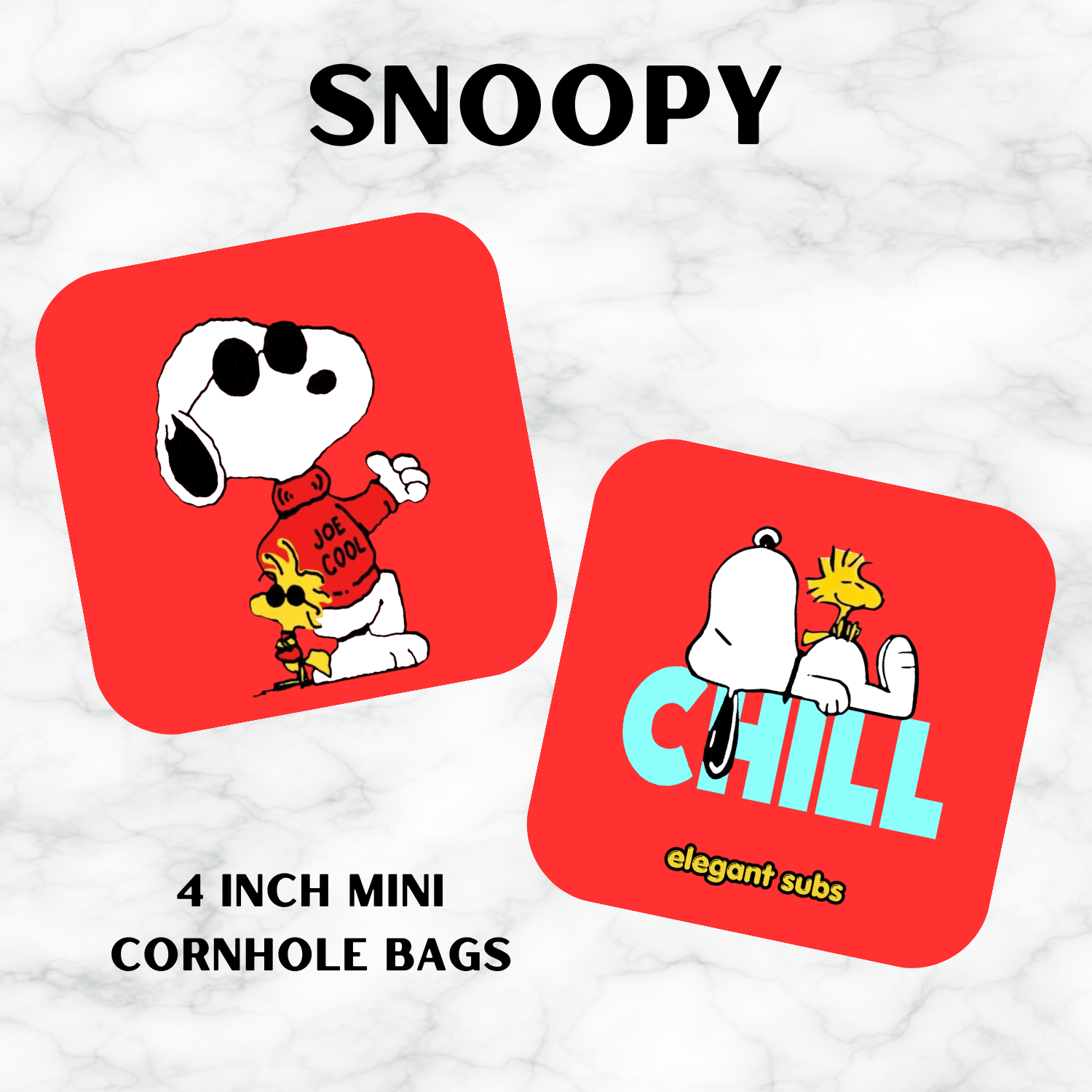 Two red cornhole bags with Snoopy graphics on a white background