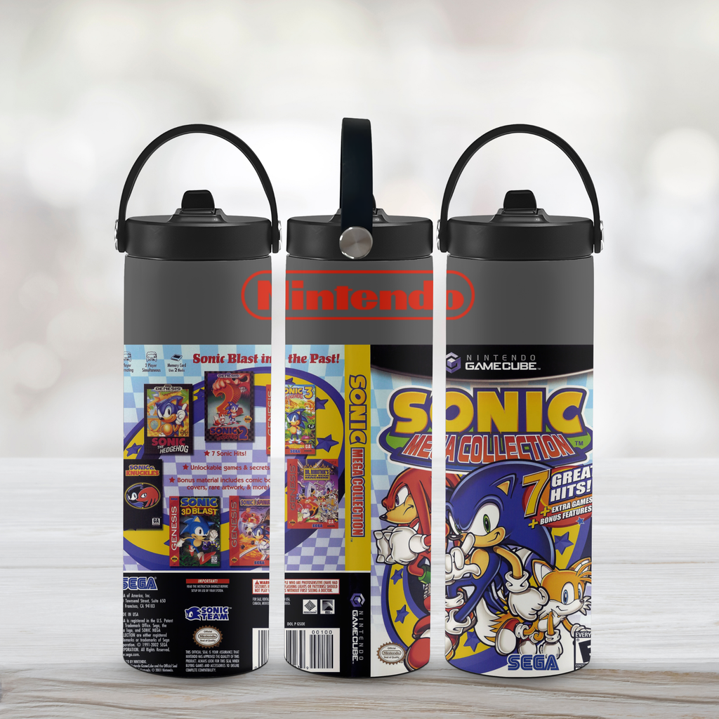 Three 20oz tumblers with Sonic the Hedgehog design on a wooden surface.