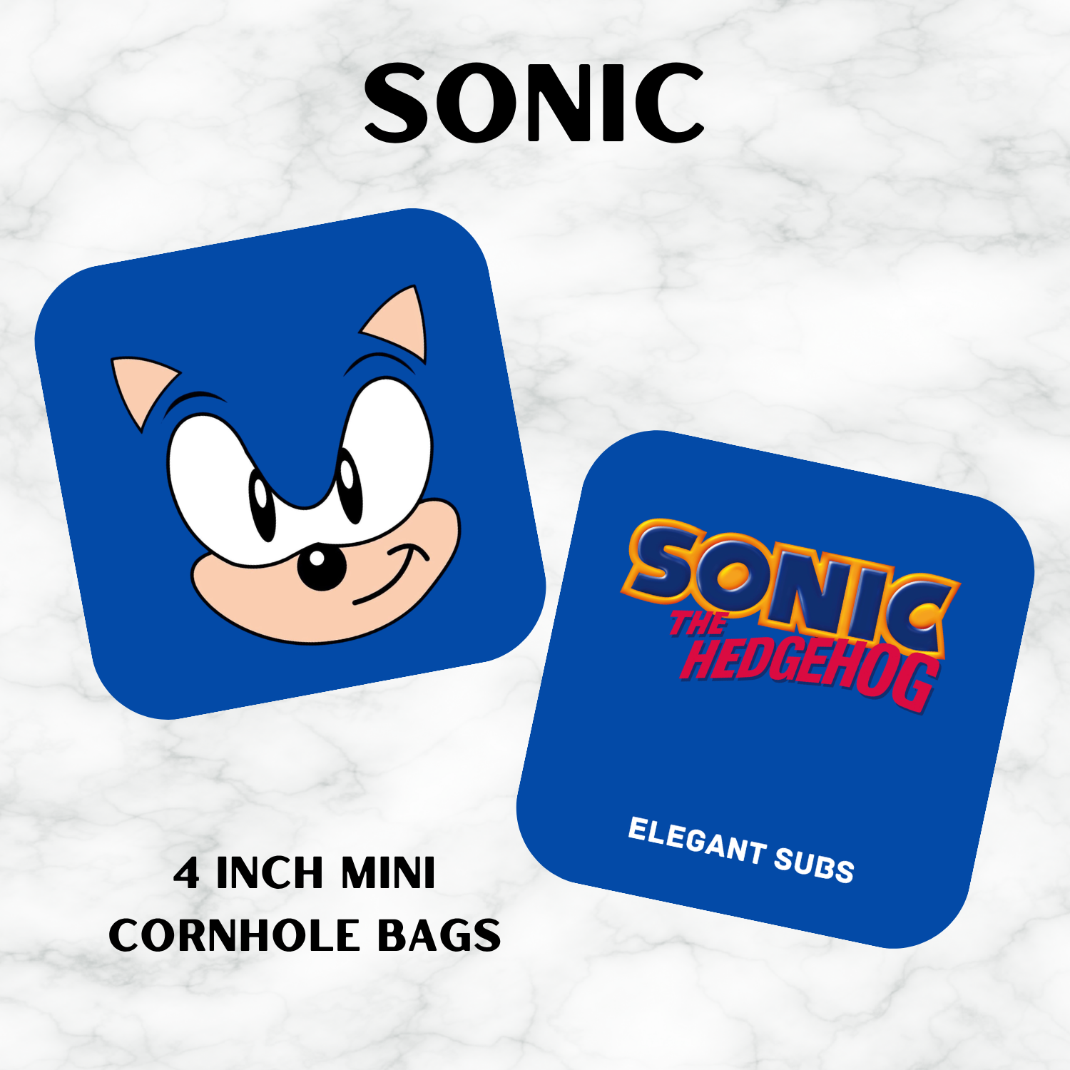 Two blue cornhole bags with Sonic the Hedgehog design on a white marble background