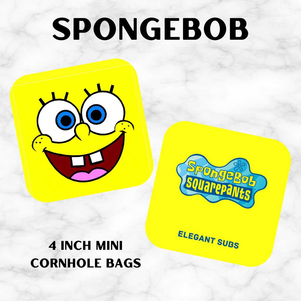 Two yellow cornhole bags with SpongeBob SquarePants design on a white background