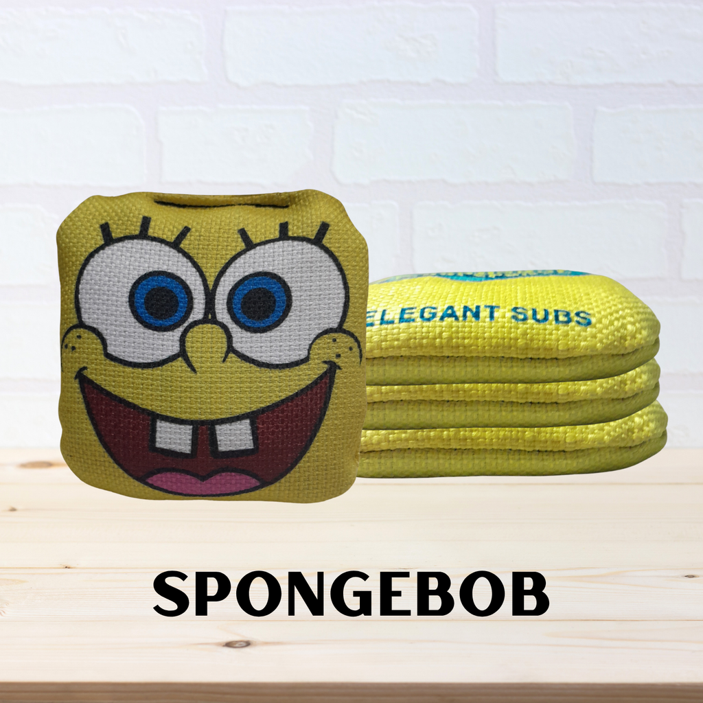 SpongeBob-themed mini cornhole bags items on a wooden surface and light gray background