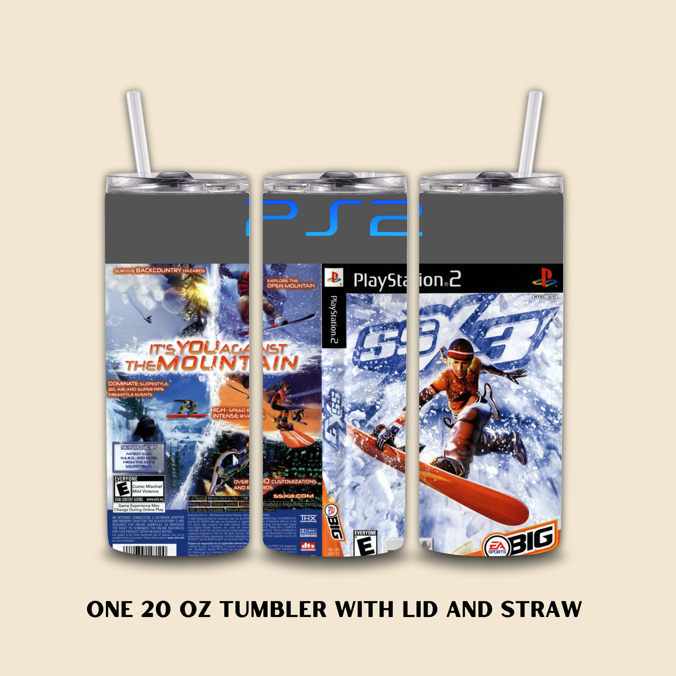 20oz Tumbler with SSX 3 game design on a beige background