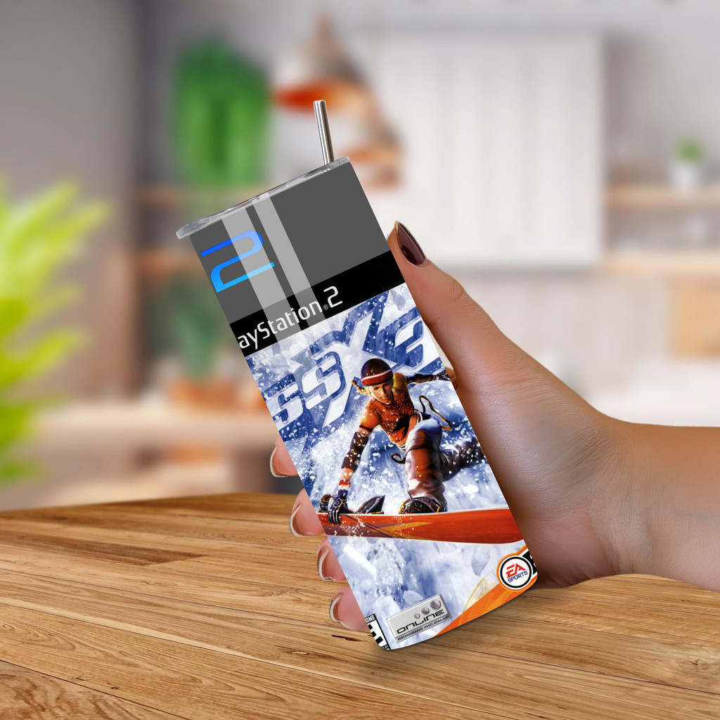 20oz tumbler with ssx 3 design held by a hand on a wooden surface
