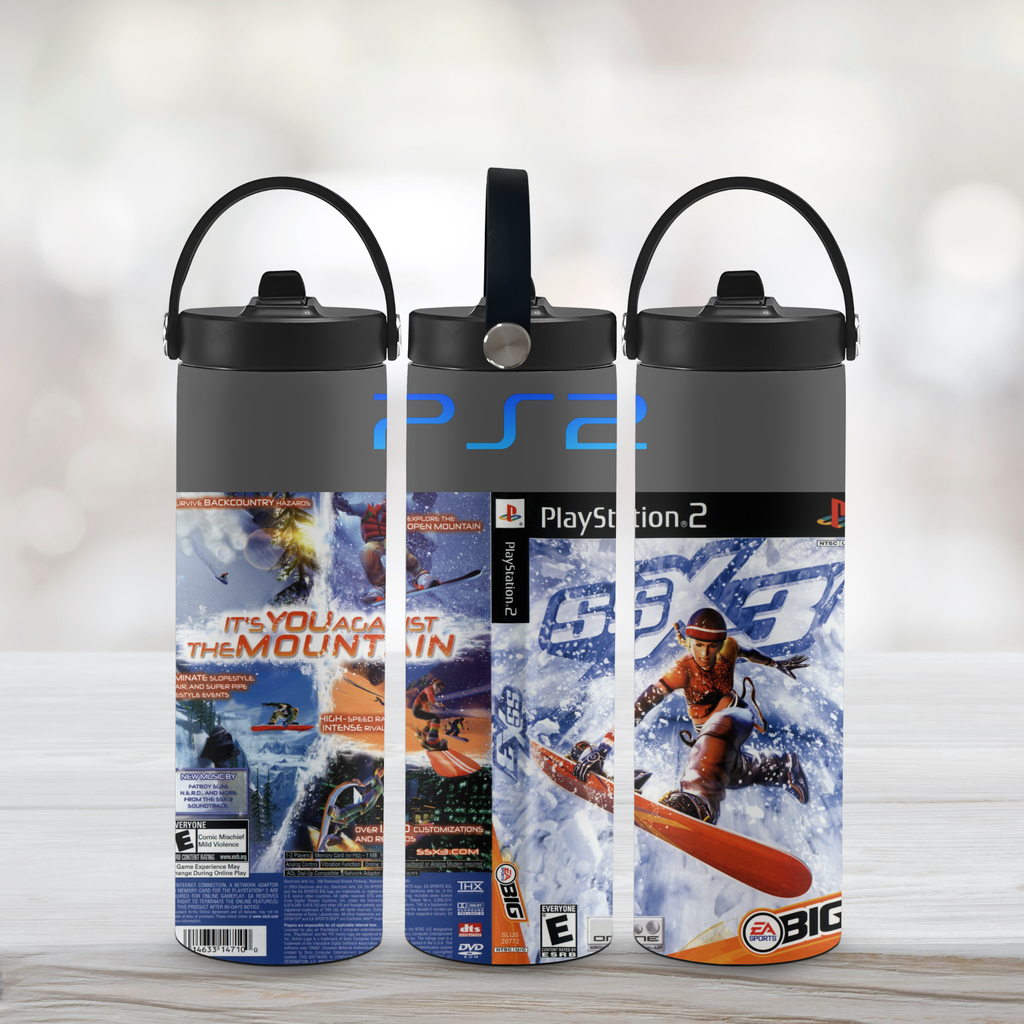 Three sports water bottles with ssx 3 gaming theme design on a light background