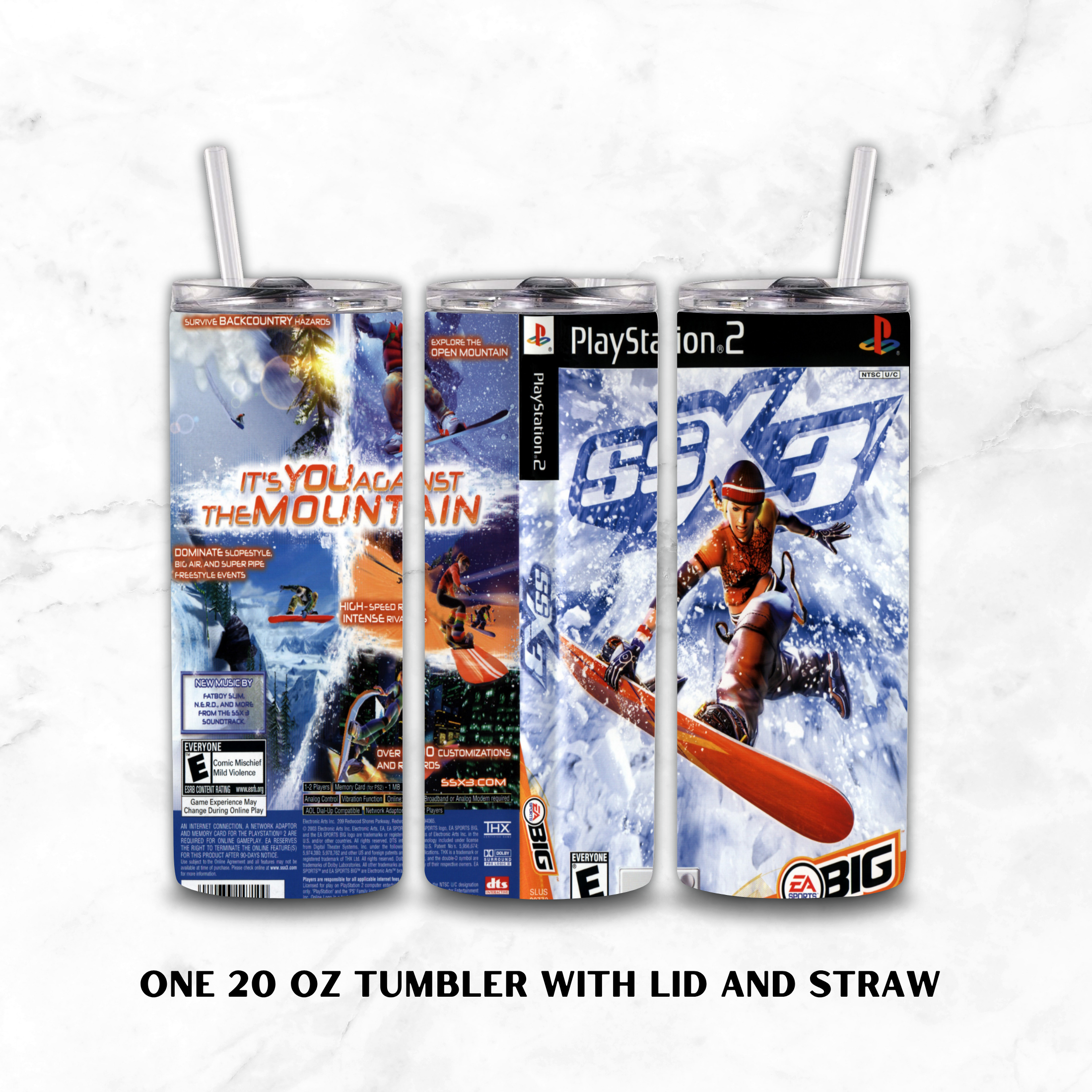 Three views of a 20 oz tumbler with lid and straw, printed with PlayStation 2 The SSX 3 video game cover art, shown on a white marble background with text reading 'ONE 20 OZ TUMBLER WITH LID AND STRAW'.