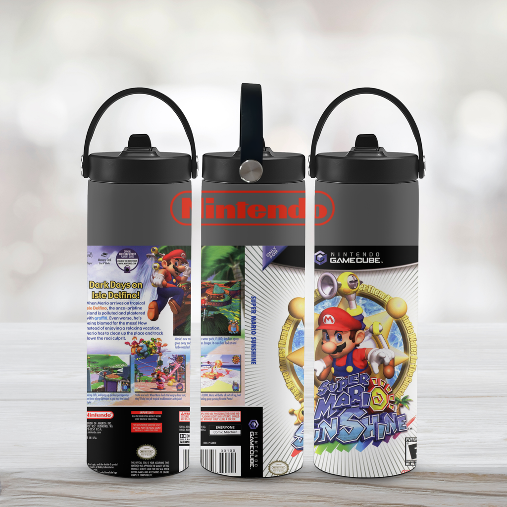 Three sports water bottles with Nintendo branding and Super Mario design on a light gray background.