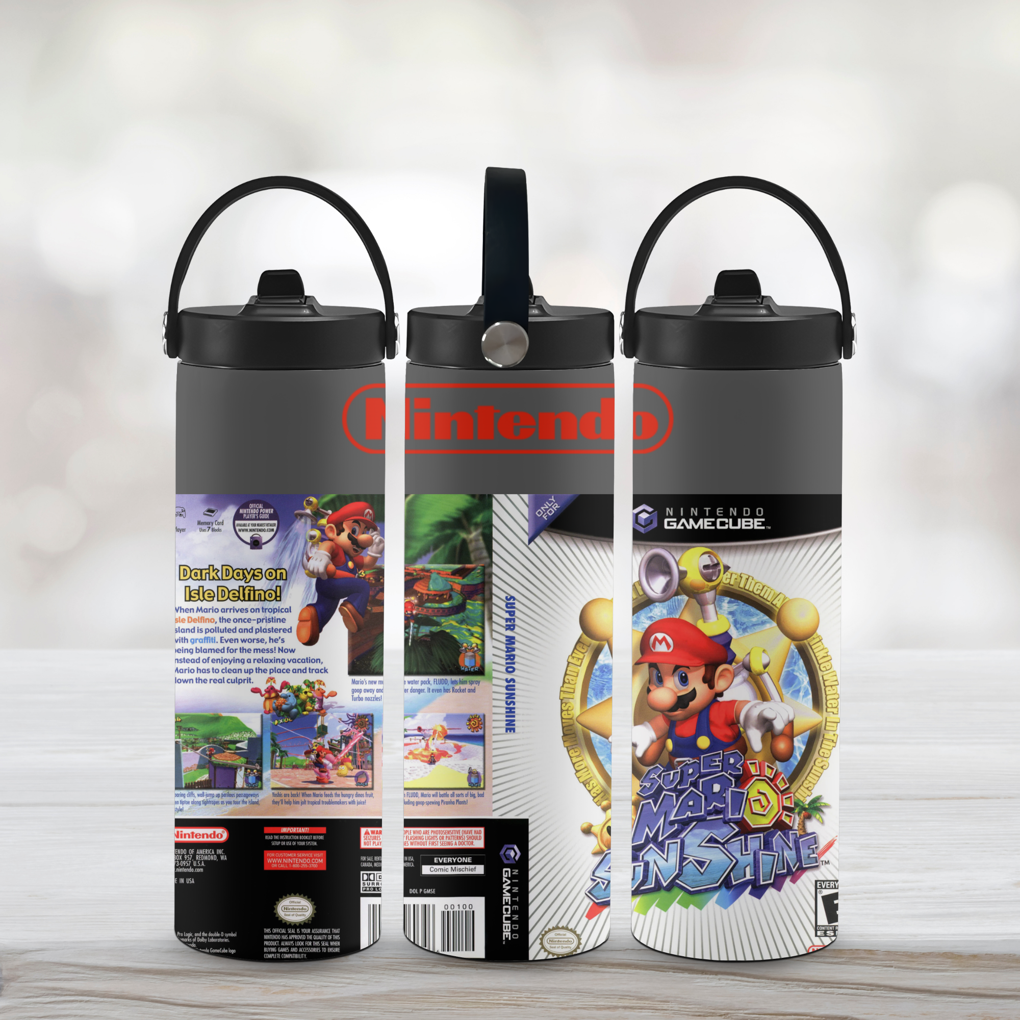Three sports water bottles with Nintendo branding and Super Mario design on a light gray background.