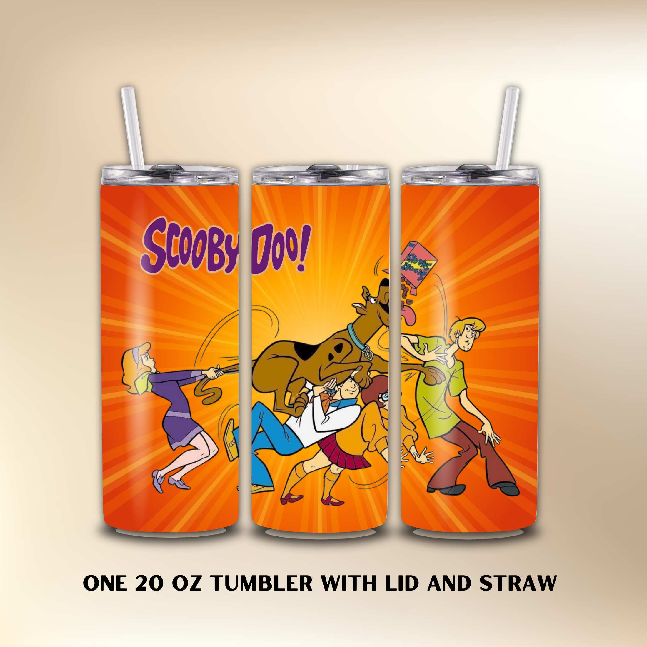 Three 20 oz tumblers with Scooby Doo design on an orange background