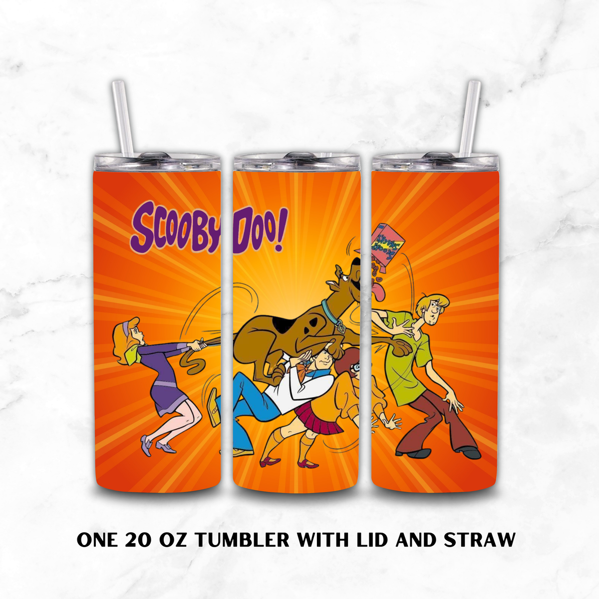 Three views of a 20 oz stainless steel tumbler with lid and straw, featuring a vibrant orange and yellow sunburst design with cartoon characters from Scooby Doo and the text 'Scooby Doo!' 