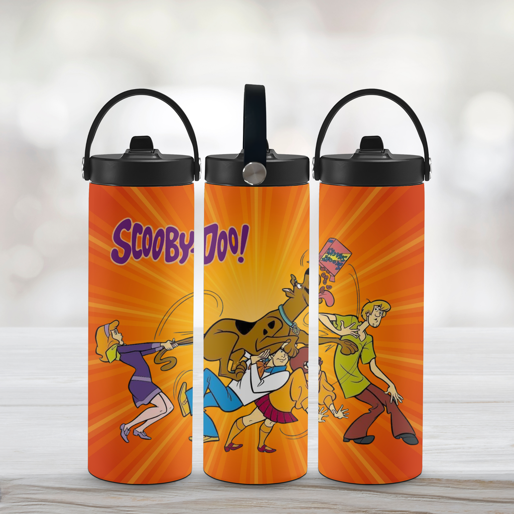 Three orange Sports water bottles with cartoon characters and 'Scooby-Doo!' text on a light background