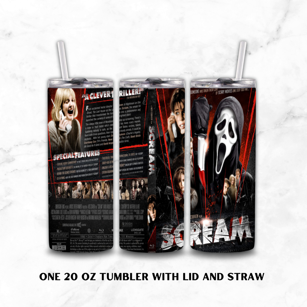 Three views of a 20 oz tumbler with lid and straw, printed with a horror movie design featuring the title 'Scream' and character artwork, shown on a light marble background.