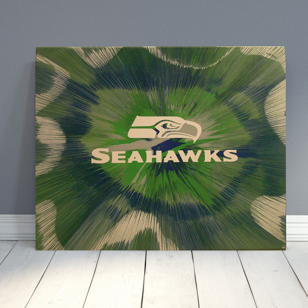 Custom Seattle Seahawks wall art created using spin‑art technique with bold team‑color patterns