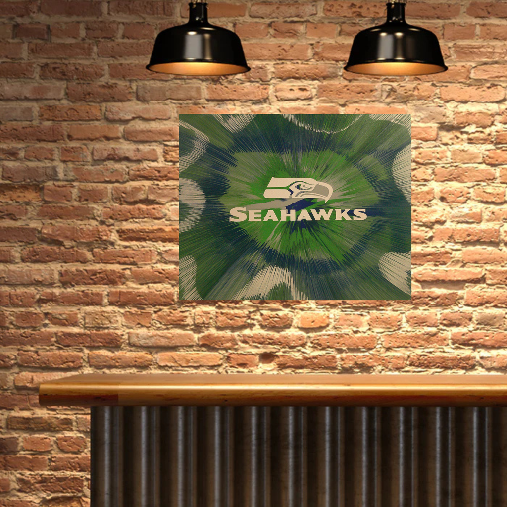 Seattle Seahawks Spin Art on a brick wall with a wooden bar.
