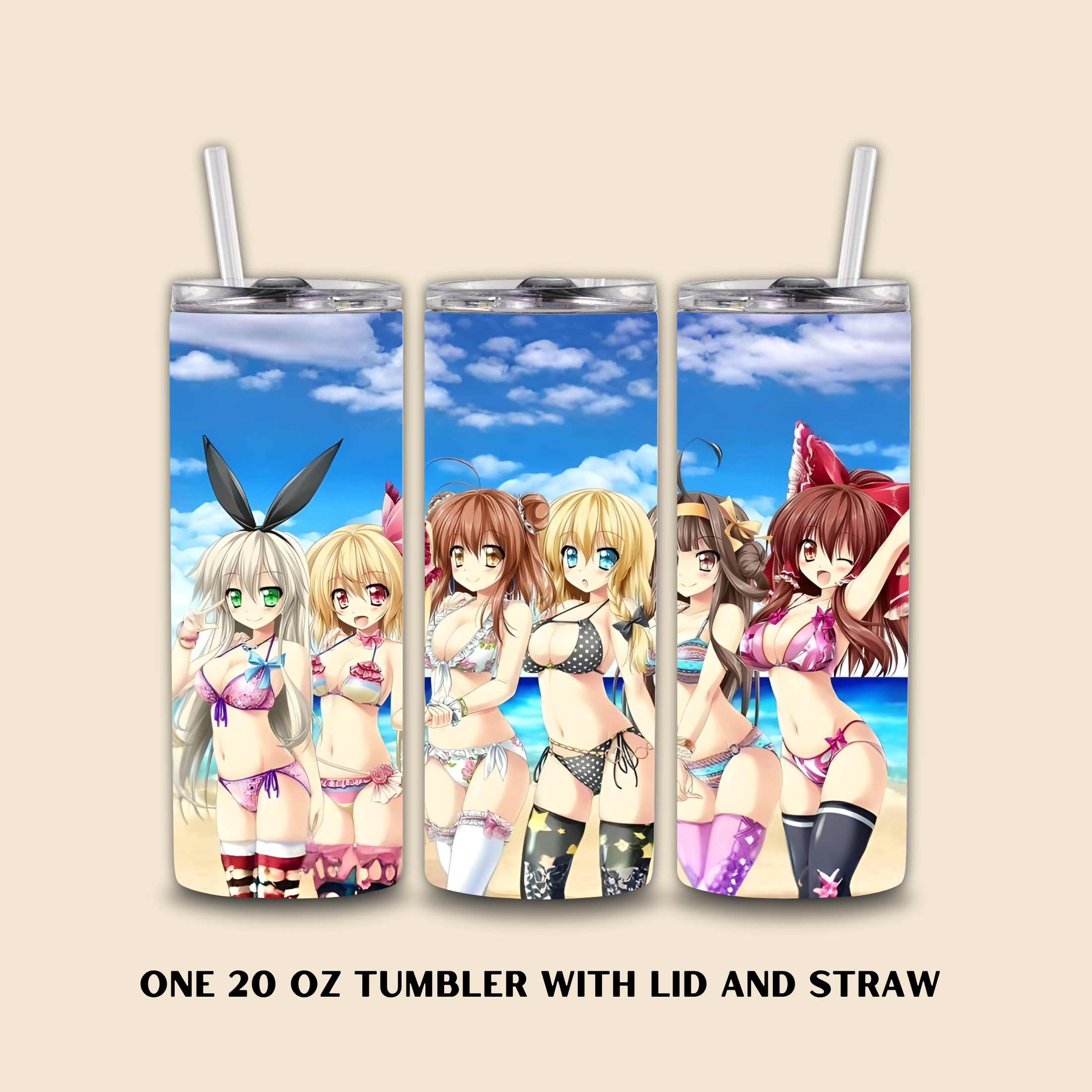 Three 20 oz tumblers with anime girls character design on a beige background.