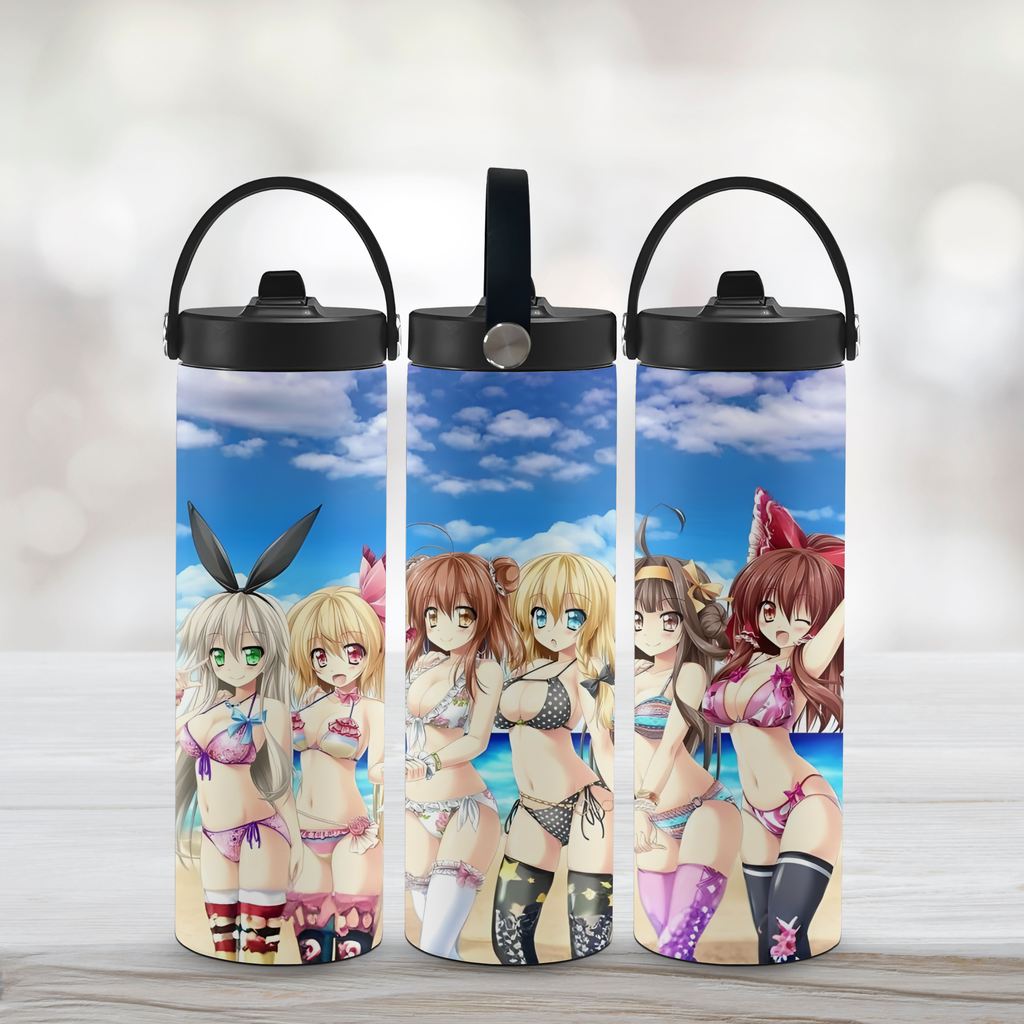 Three sports water bottles with anime girl character designs on a light background