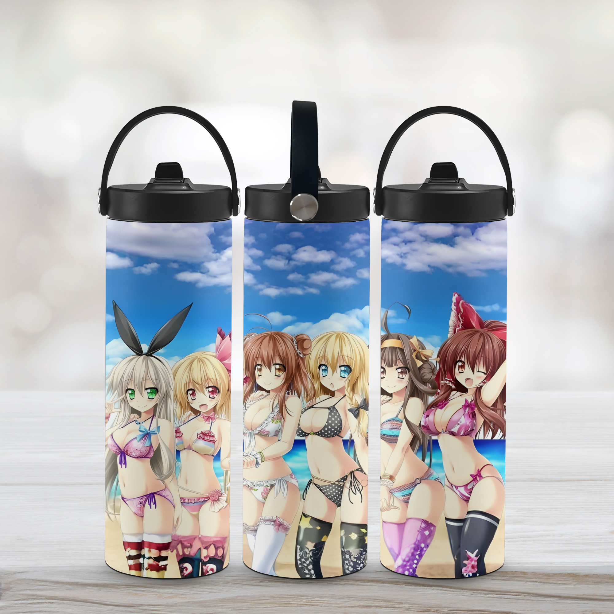 Three sports water bottles with anime girl character designs on a light background