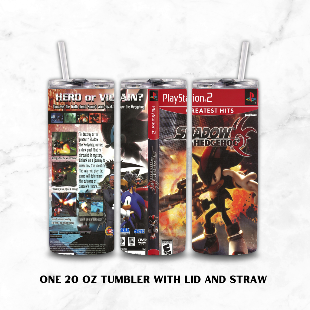 Three 20 oz skinny tumblers with lids and clear straws, shown side by side on a white marble background. The tumblers feature custom PlayStation 2 themed wraps, including Shadow of the Hedgehog designs.