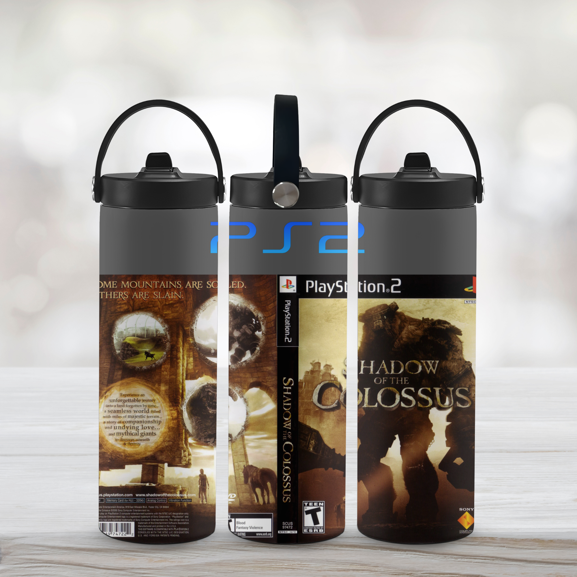 Three sports water bottles with PS2 Shadow of the Colossus branding with a white background.