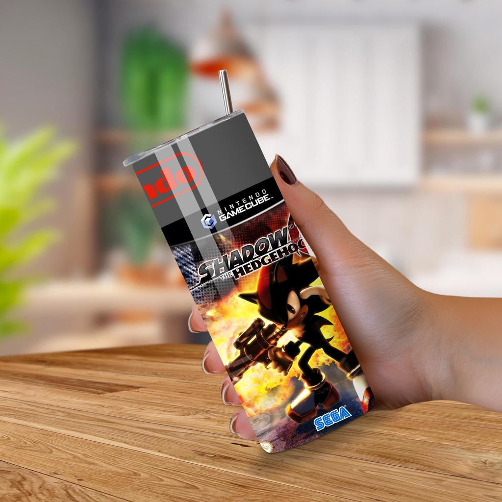 20oz Tumbler with Shadow the Hedgehog design held by a hand on a wooden surface