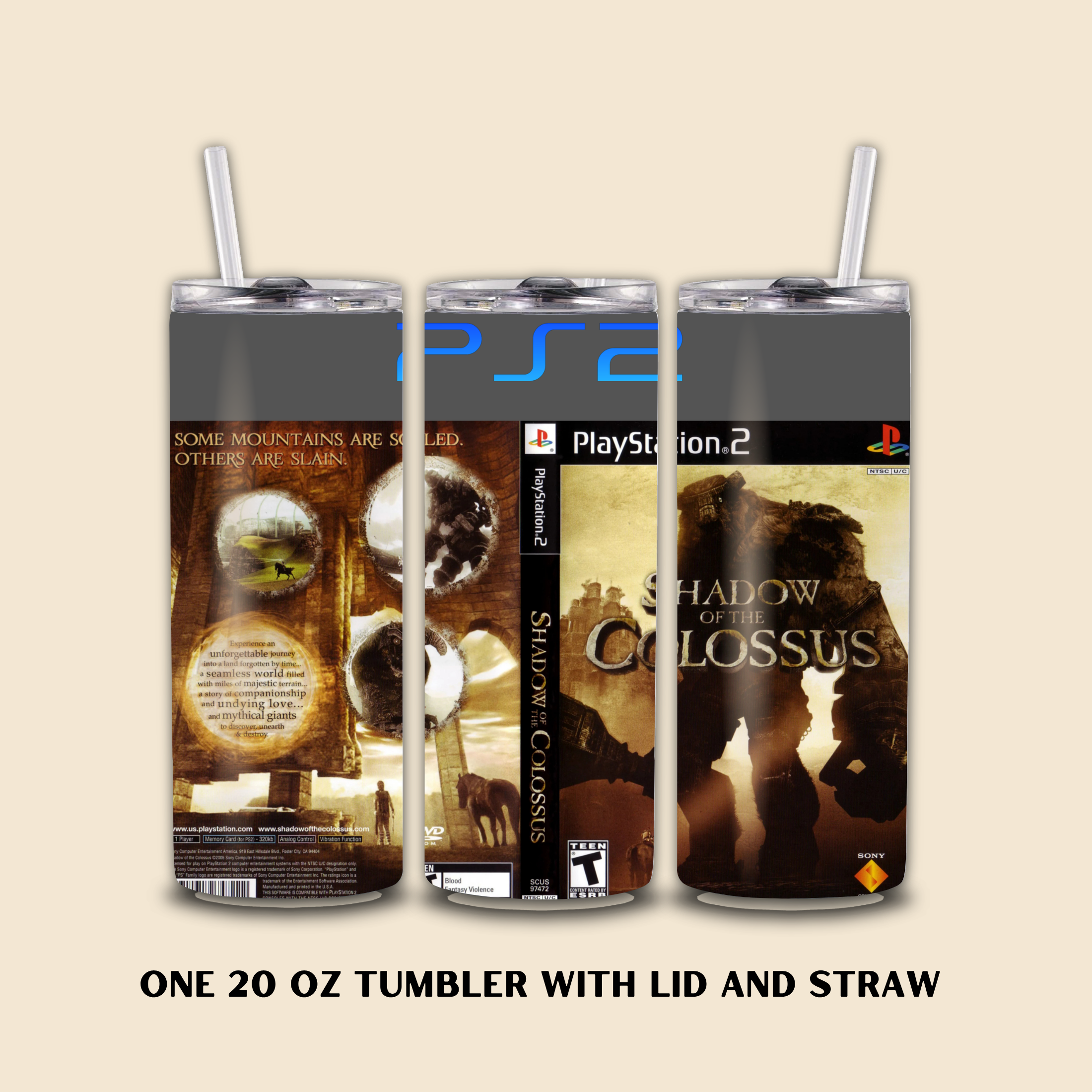 Three PS2 Shadow of the Colossus 20oz tumblers on a beige background.