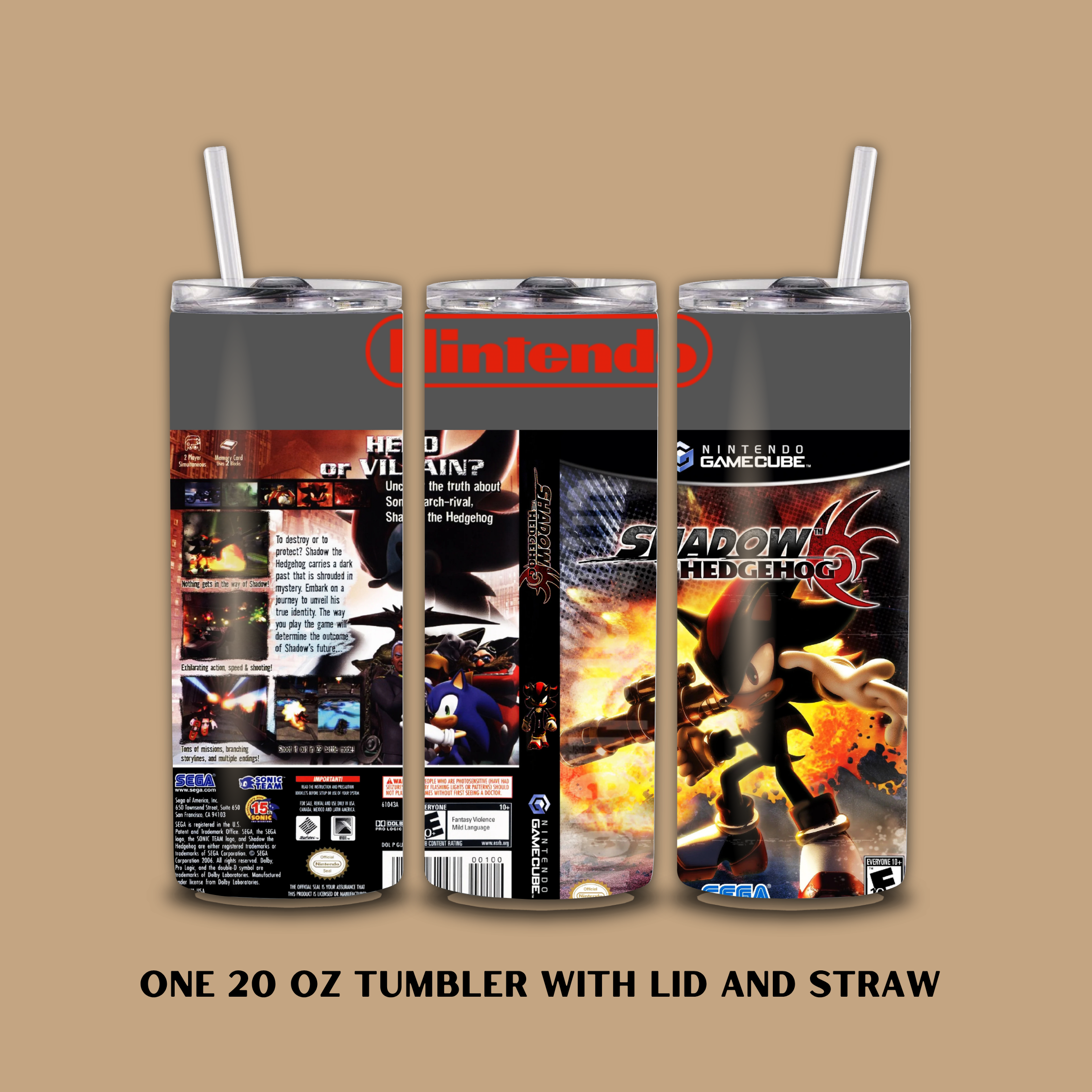 Three Tumblers with lid and straw featuring a design inspired by 'Shadow the Hedgehog' video game on a beige background.