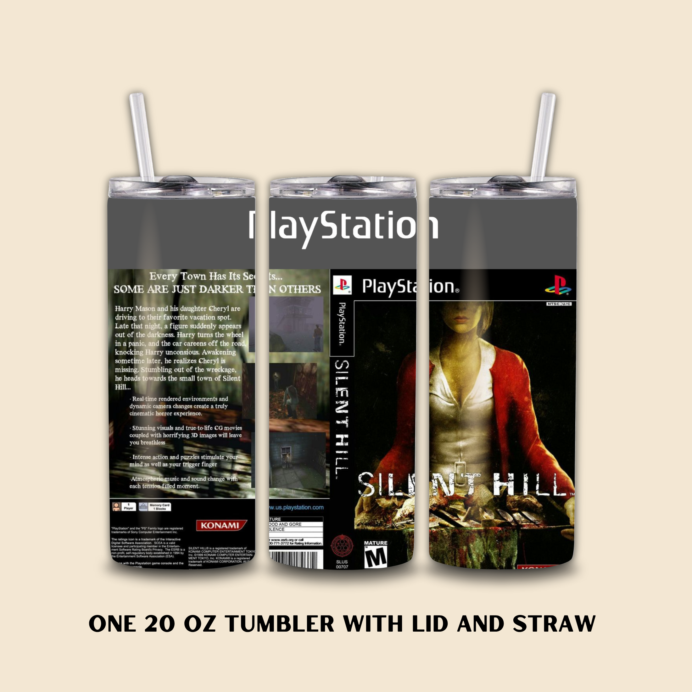 PlayStation 'Silent Hill' themed 20oz tumbler with lid and straw on a beige background