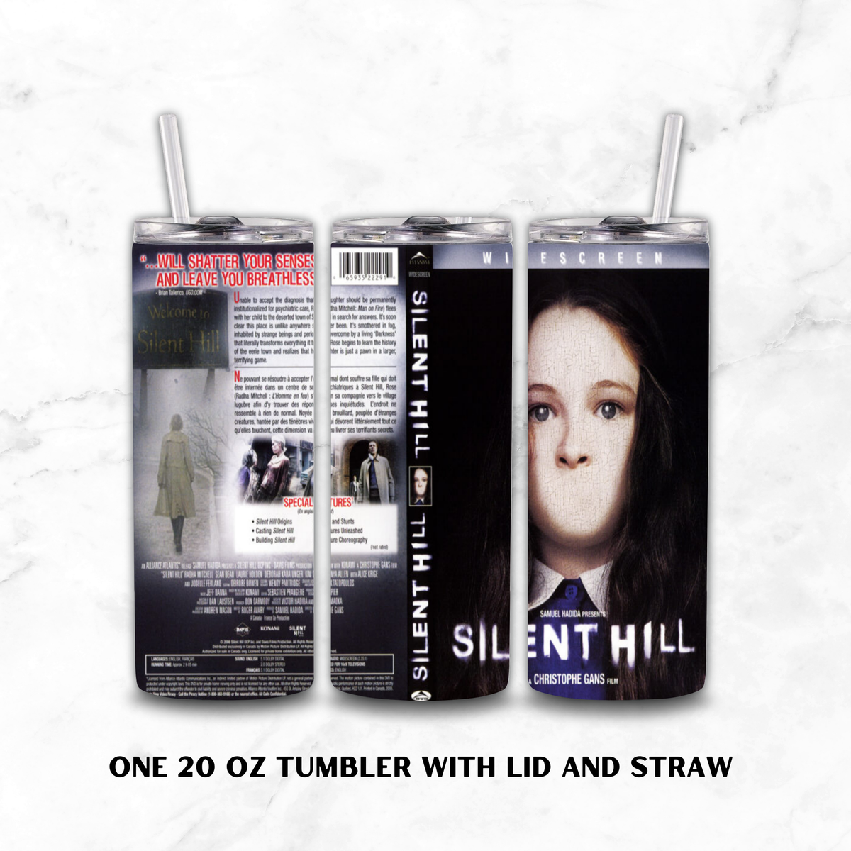 Three views of a 20 oz tumbler with lid and straw featuring a Silent Hill movie print, displayed on a white marble background with text below.