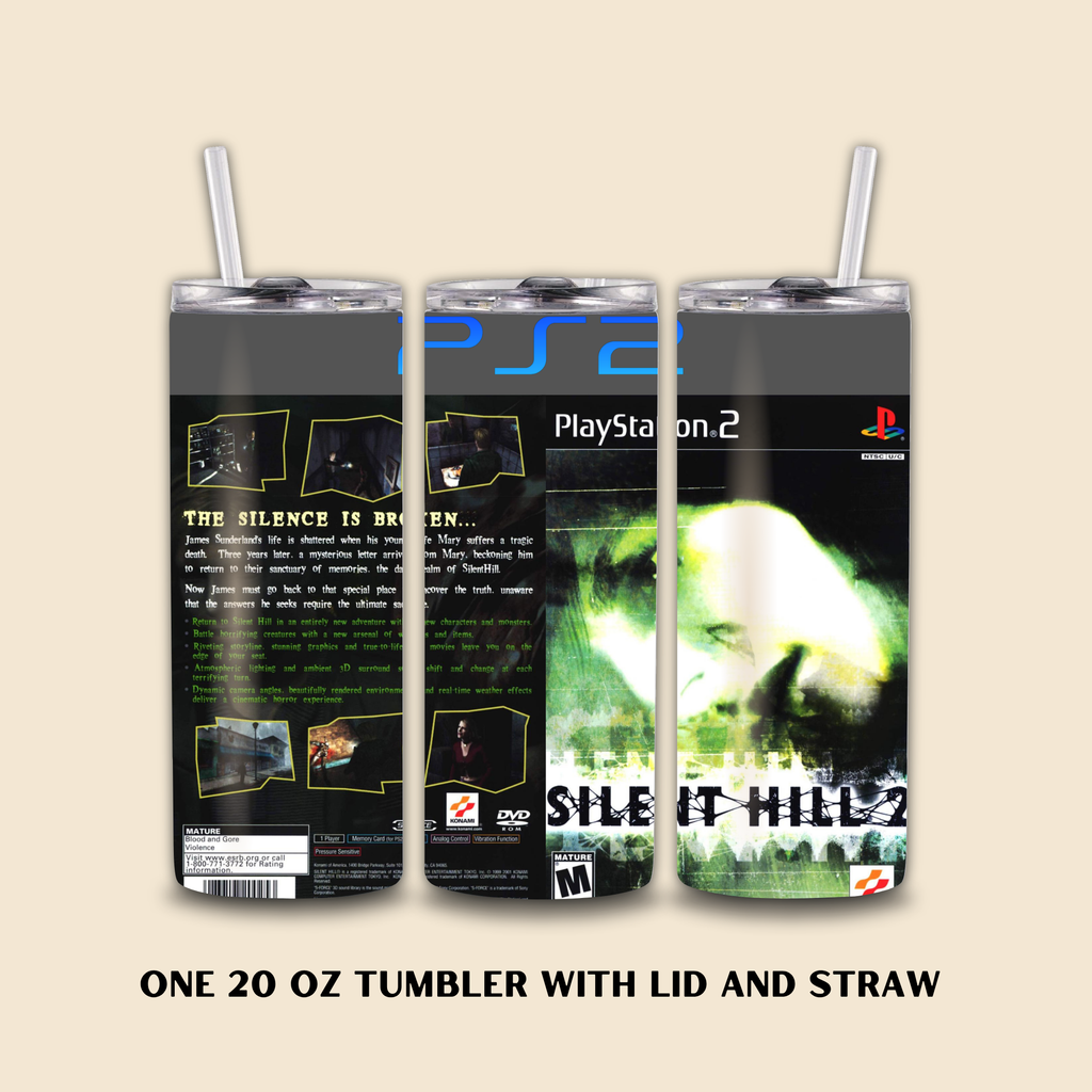 Three 20 oz tumblers with PlayStation 2 Silent Hill 2 design on a beige background