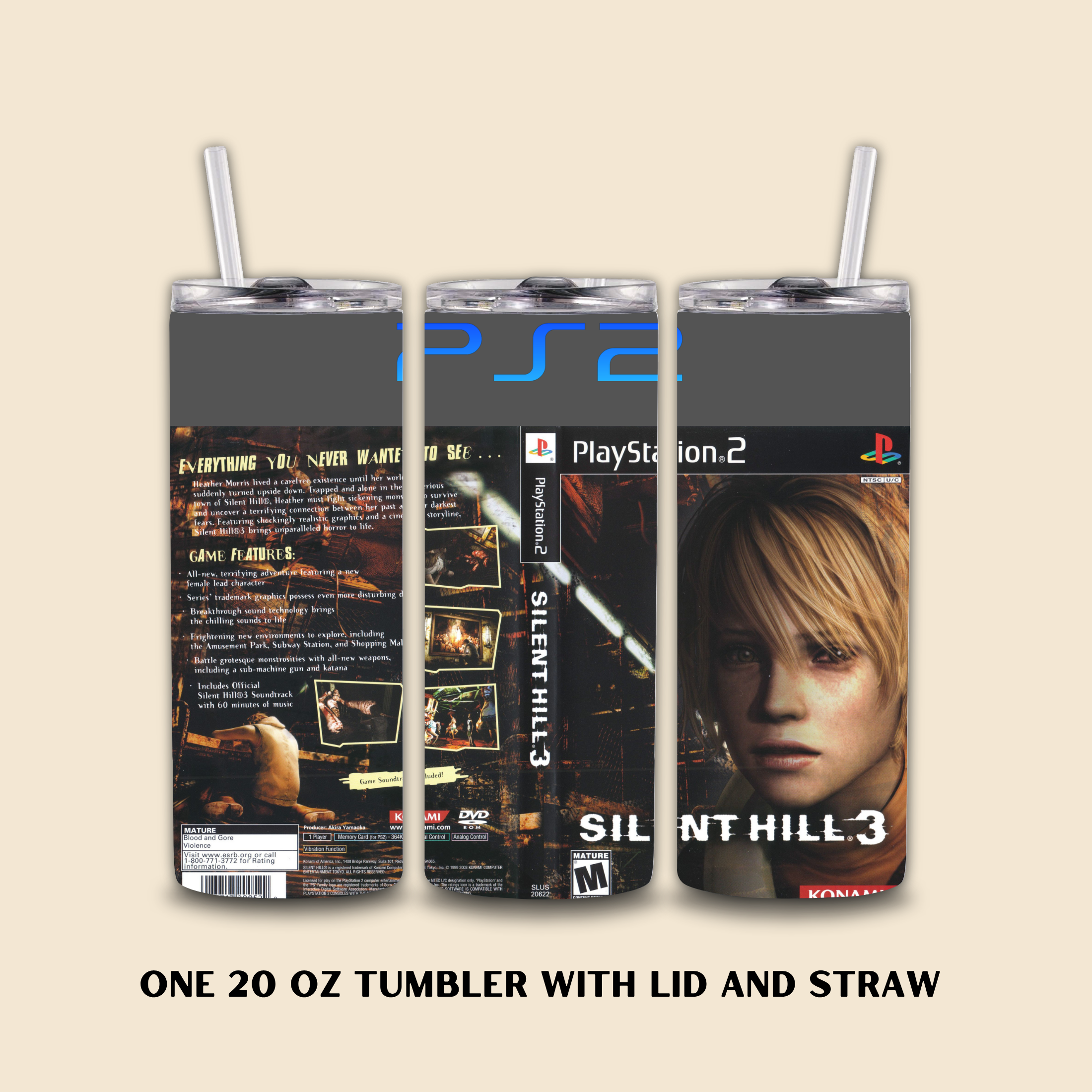 Three 20 oz tumblers with PlayStation 2 and Silent Hill 3 design on a beige background.