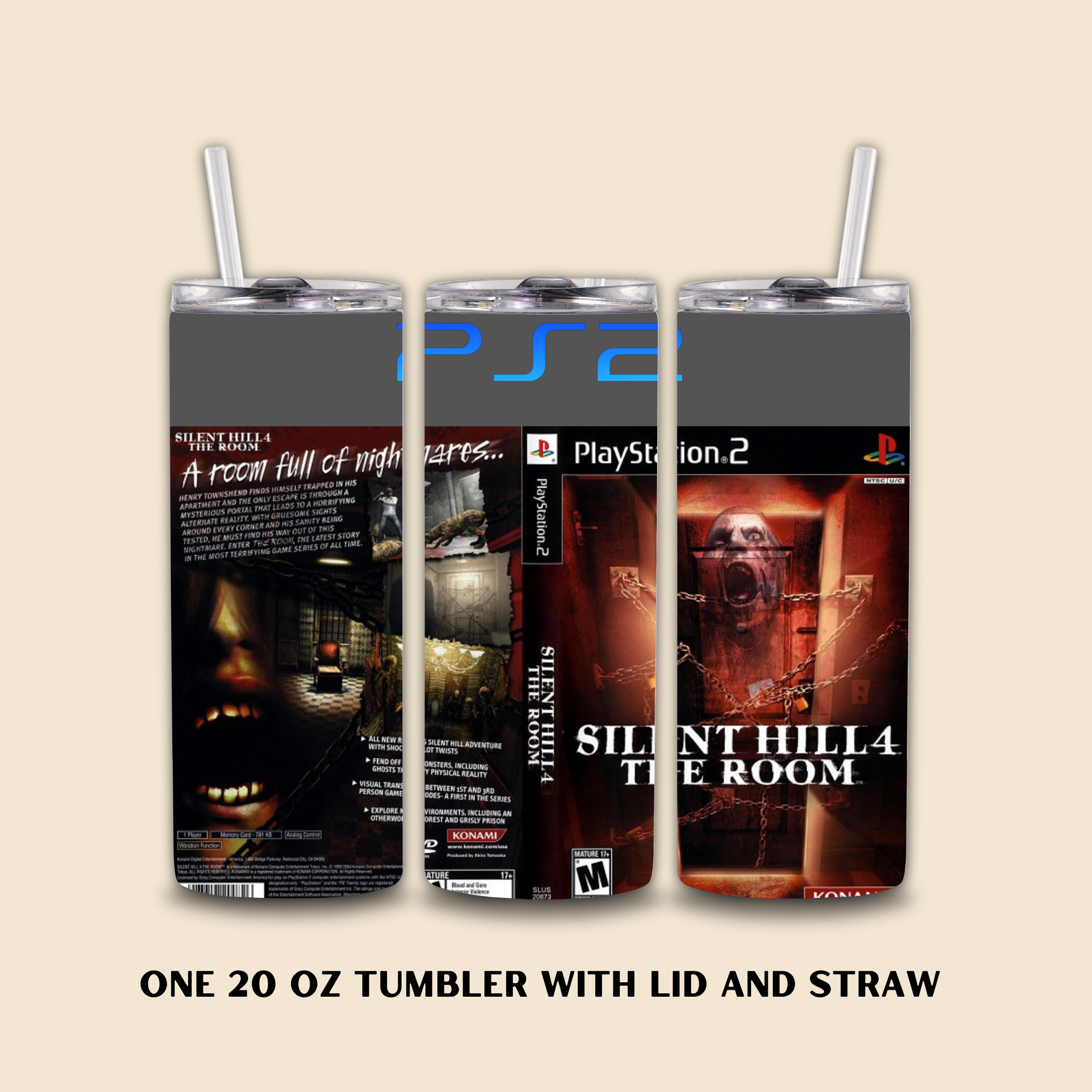 Silent Hill 4-themed 20oz tumbler with lid and straw on a beige background