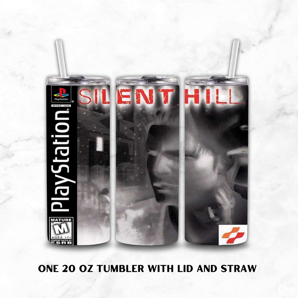 Three views of a 20 oz skinny tumbler with lid and straw, featuring a PlayStation-themed wrap design with 'Silent Hill' text, a grayscale character portrait, the PlayStation logo, and an ESRB rating, shown on a light marble background.