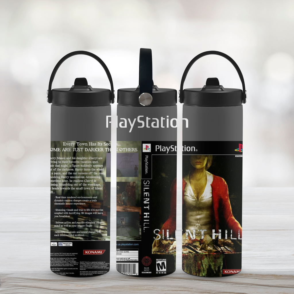 PlayStation 'Silent Hill' themed sports water bottles on a wooden surface with a blurred background.